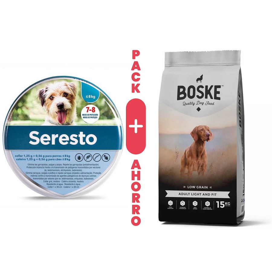 Perros Elanco | Pack Seresto Menos De 8 Kg + Boske Adult Light & Fit Low Grain