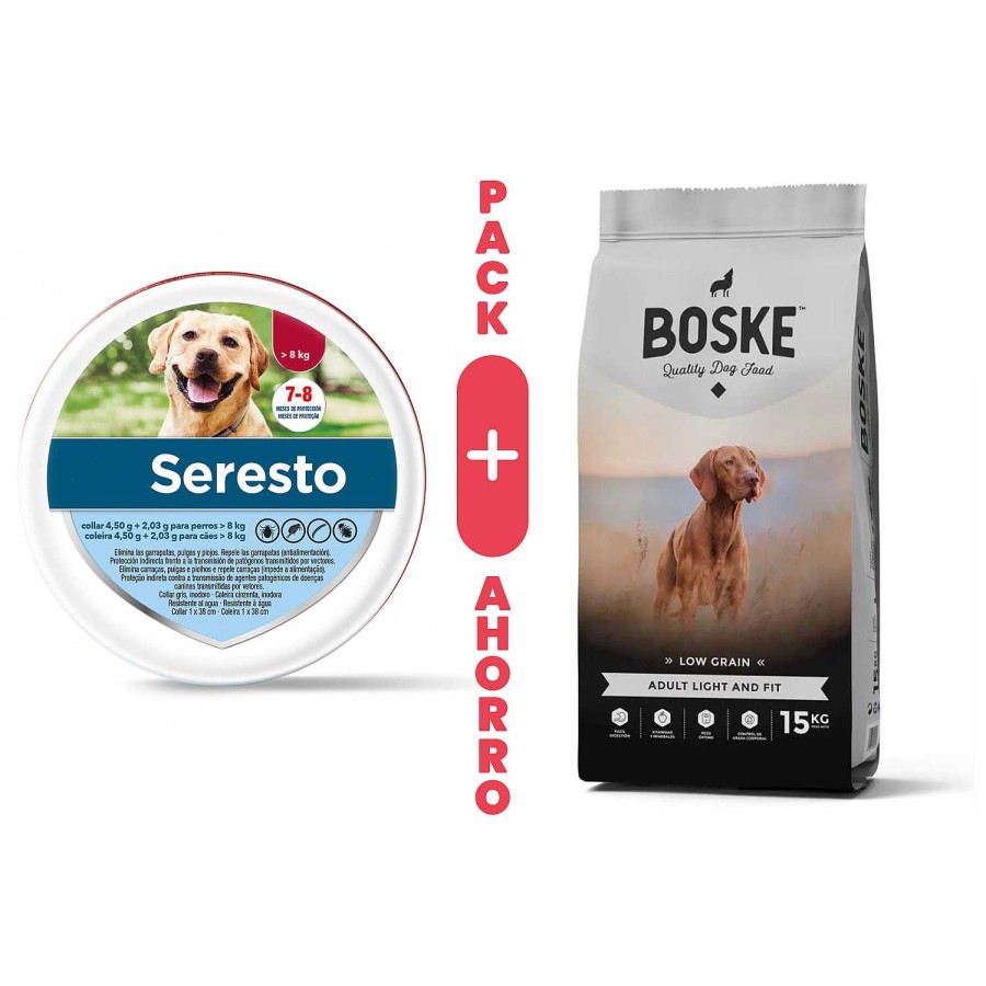 Perros Elanco | Pack Seresto M S De 8 Kg + Boske Adult Light & Fit Low Grain