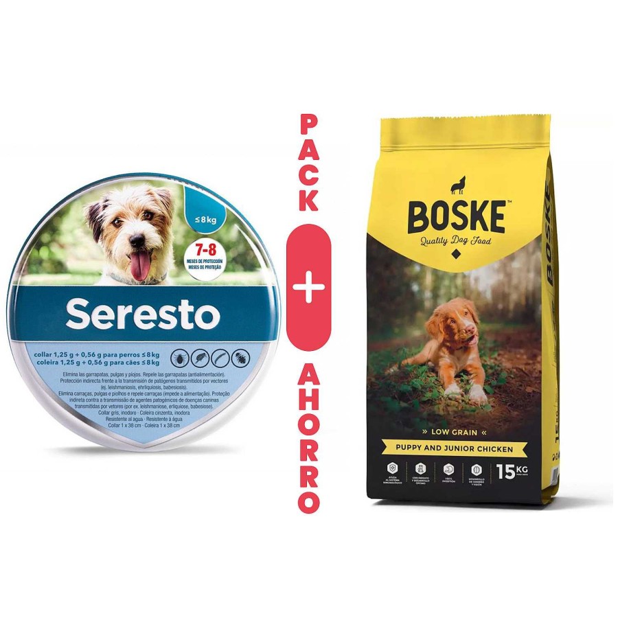 Perros Elanco | Pack Seresto Menos De 8 Kg + Boske Puppy & Junior Chicken Low Grain