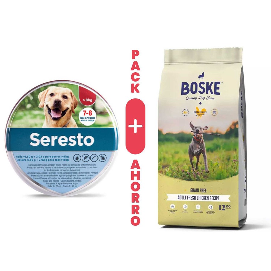 Perros Elanco | Pack Seresto M S De 8 Kg + Boske Adult Grain Free Pollo