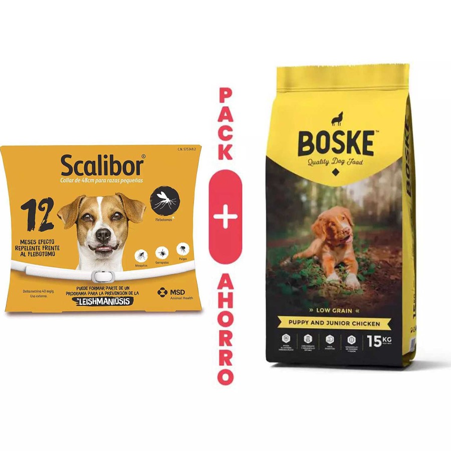 Perros Scalibor | Pack Scalibor S/M + Boske Puppy & Junior Chicken Low Grain