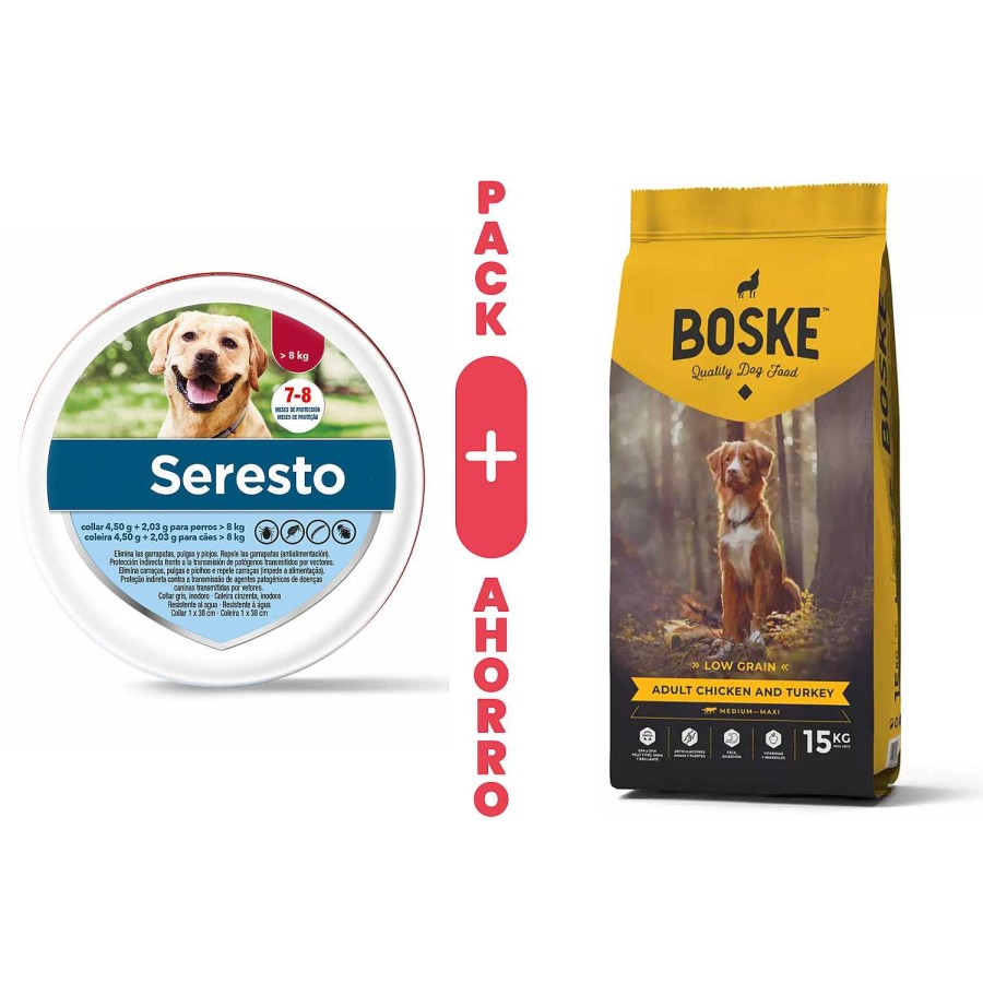 Perros Elanco | Pack Seresto M S De 8 Kg + Boske Adult Chicken & Turkey Low Grain